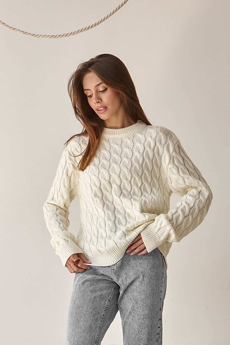 Milk cable knit sweater Womens casual knitted pullover