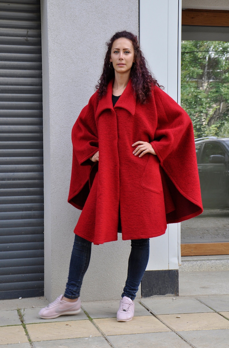 Womens Red Cape Coat, Winter Poncho, Cottage Core Coat, Swing Coat, Outerwear Clothing, Plus Size Coat, Batwing Coat, Plus Size Clothing