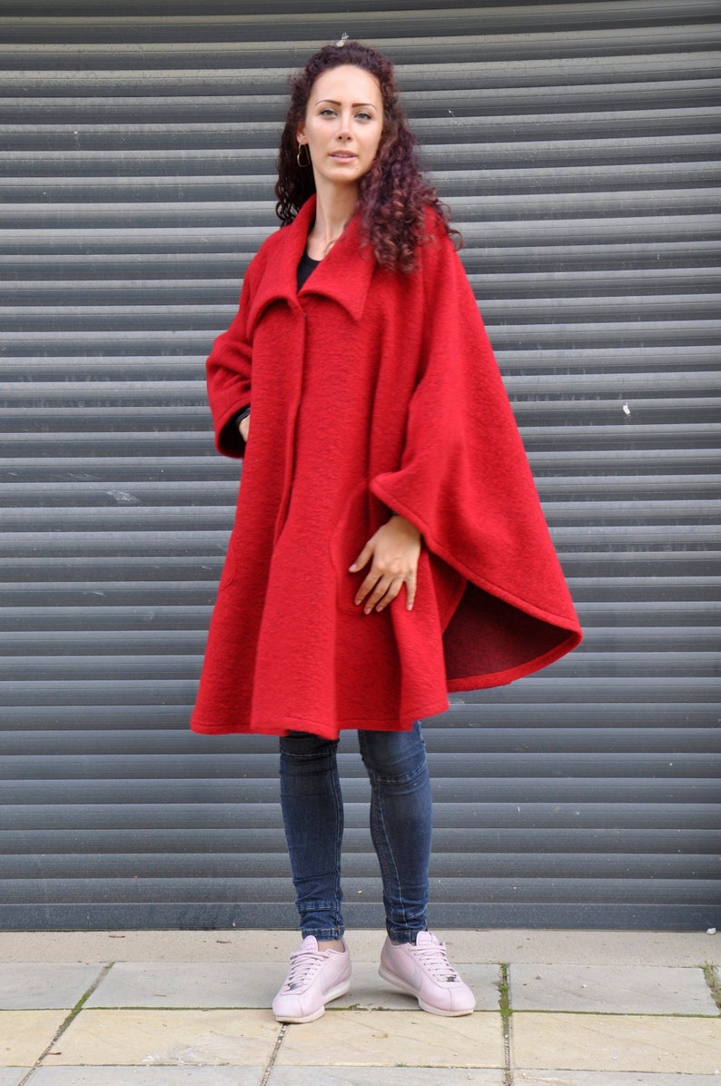 Womens Red Cape Coat, Winter Poncho, Cottage Core Coat, Swing Coat, Outerwear Clothing, Plus Size Coat, Batwing Coat, Plus Size Clothing