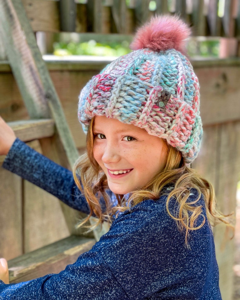 Marie chunky ribbed child and toddler sized beanie hat - multiple hat and pom pom colors available