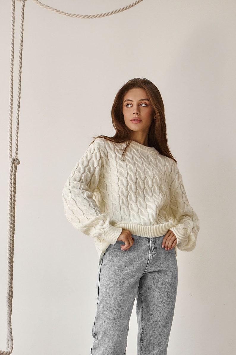 Milk cable knit sweater Womens casual knitted pullover