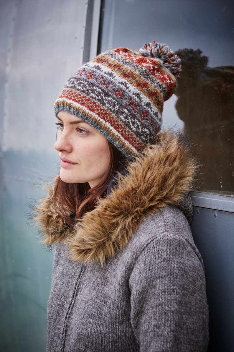 Women's Fair Isle Winter Knitted Hat - Knit Bobble Beanie - Traditional Fairisle beanie - 100% Wool - Ethical Clothing - Pachamama