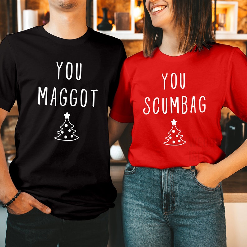 TSHIRT (V2-5243-44) You MAGGOT SCUMBAG Couple Matching Funny Christmas Xmas Crewneck Shirt Women's Holiday Gift for Her Him