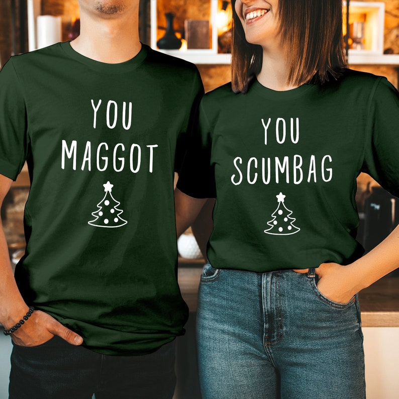 TSHIRT (V2-5243-44) You MAGGOT SCUMBAG Couple Matching Funny Christmas Xmas Crewneck Shirt Women's Holiday Gift for Her Him