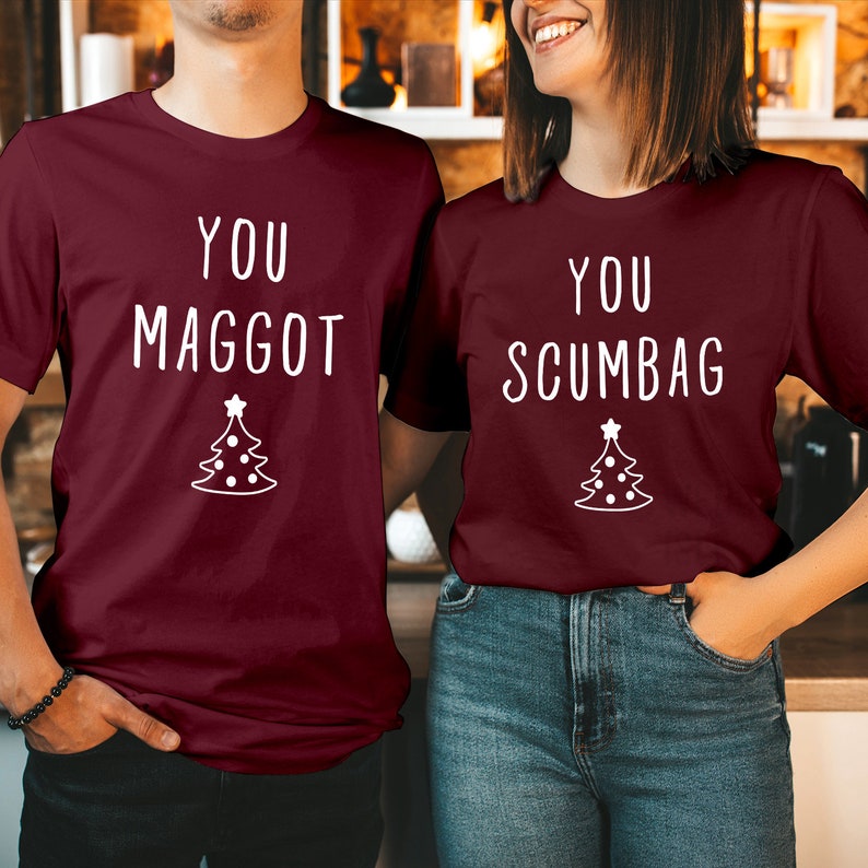 TSHIRT (V2-5243-44) You MAGGOT SCUMBAG Couple Matching Funny Christmas Xmas Crewneck Shirt Women's Holiday Gift for Her Him