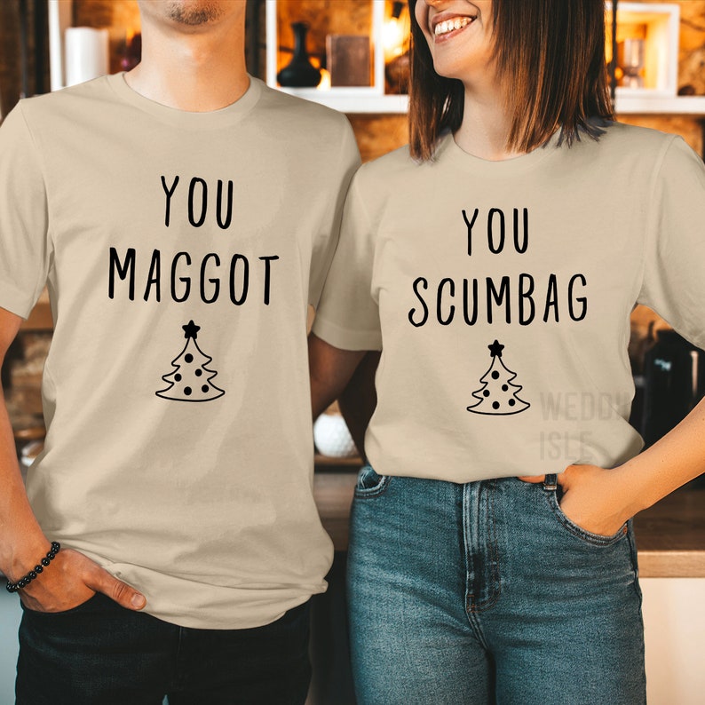 TSHIRT (V2-5243-44) You MAGGOT SCUMBAG Couple Matching Funny Christmas Xmas Crewneck Shirt Women's Holiday Gift for Her Him