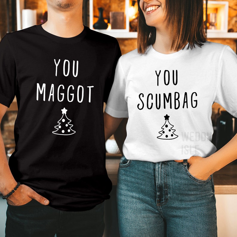 TSHIRT (V2-5243-44) You MAGGOT SCUMBAG Couple Matching Funny Christmas Xmas Crewneck Shirt Women's Holiday Gift for Her Him