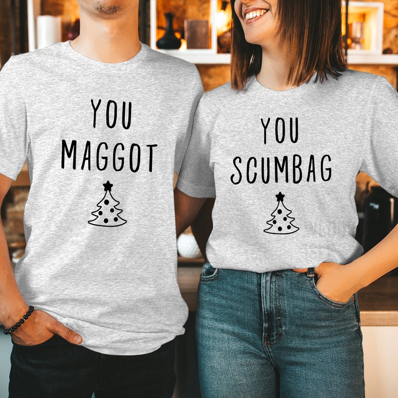 TSHIRT (V2-5243-44) You MAGGOT SCUMBAG Couple Matching Funny Christmas Xmas Crewneck Shirt Women's Holiday Gift for Her Him