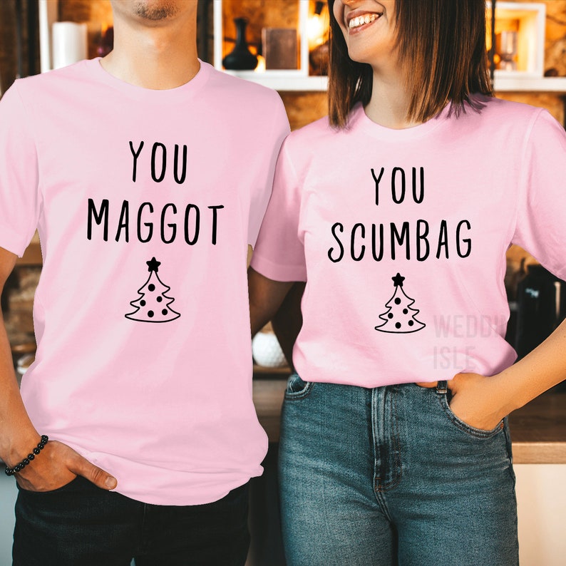 TSHIRT (V2-5243-44) You MAGGOT SCUMBAG Couple Matching Funny Christmas Xmas Crewneck Shirt Women's Holiday Gift for Her Him