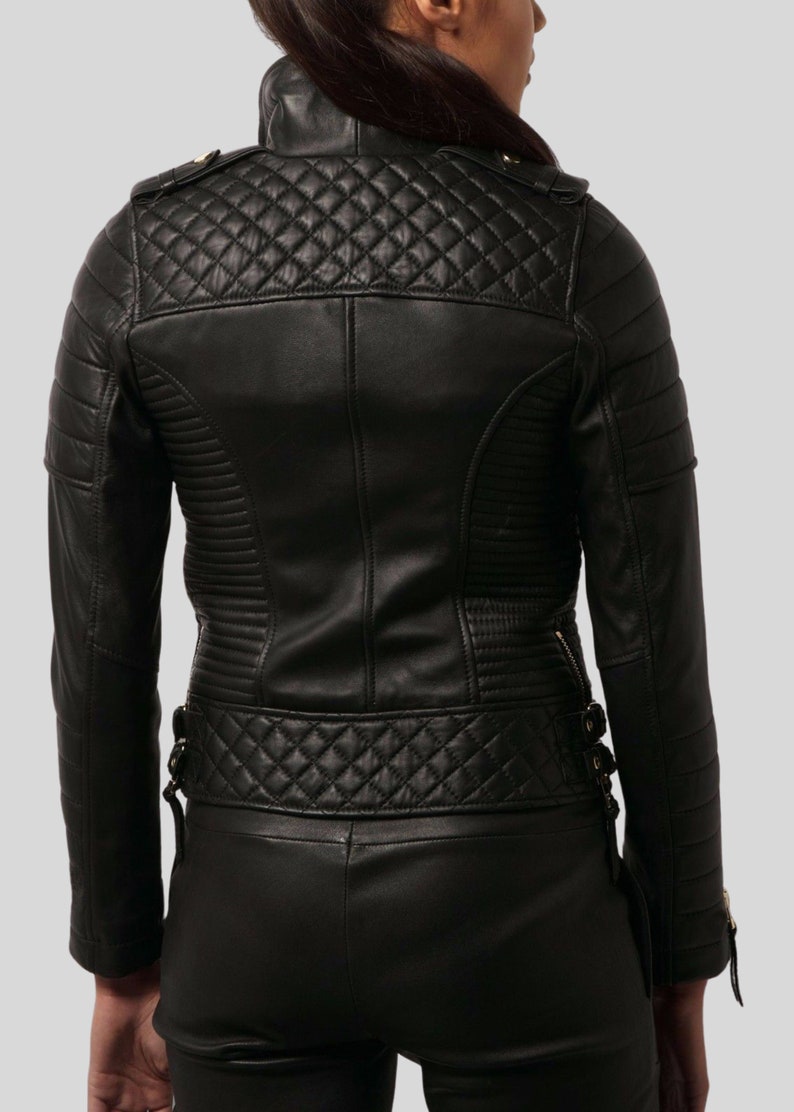 Women's Black 100% Genuine Lambskin Leather Biker Jacket, Women's Black Quilted Slim Fit Moto Jacket, Personalized Jacket, Gift For women