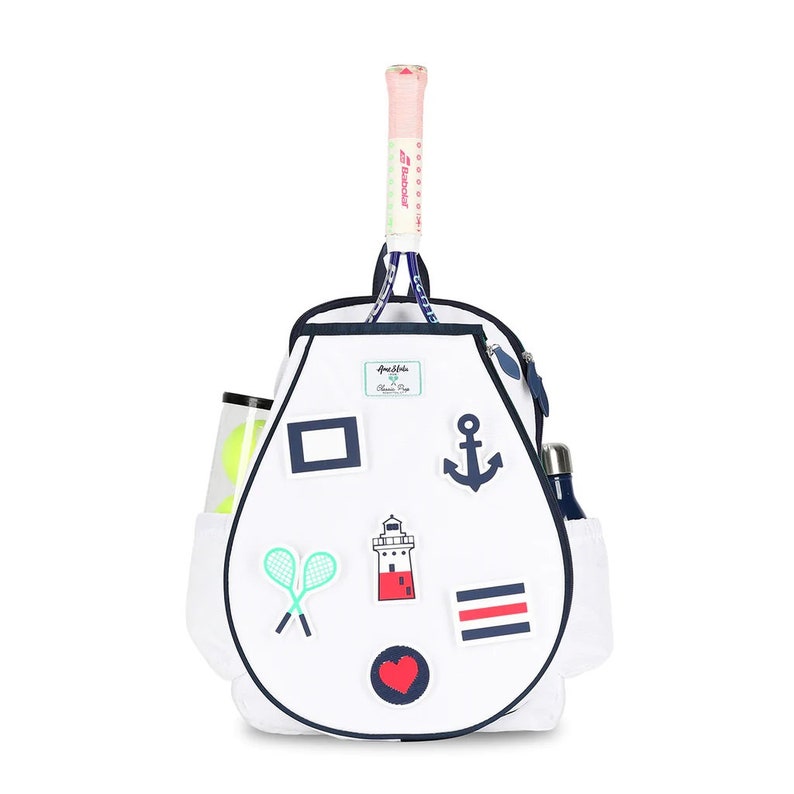 LITTLE PATCHES BACKPACK - Retro Vibes Tennis Backpack by Ame & Lulu - Monogrammed Tennis Racquet Bag for Girls Ages 4 - 8 Years