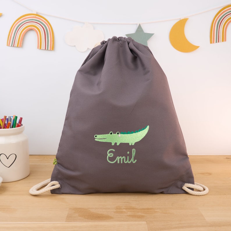 Dark grey organic children's gym bag personalized with name