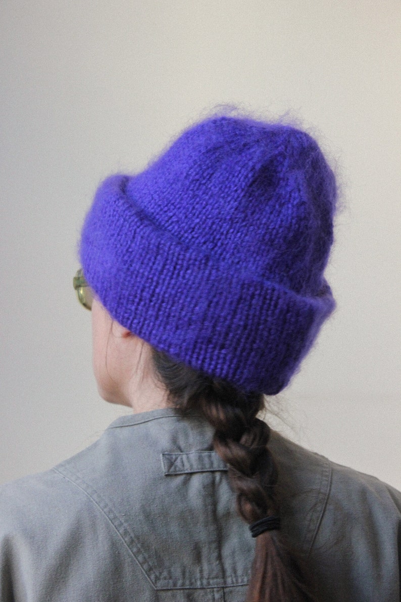 Hand - Knitted Mohair Beanie Hat in Rich Purple