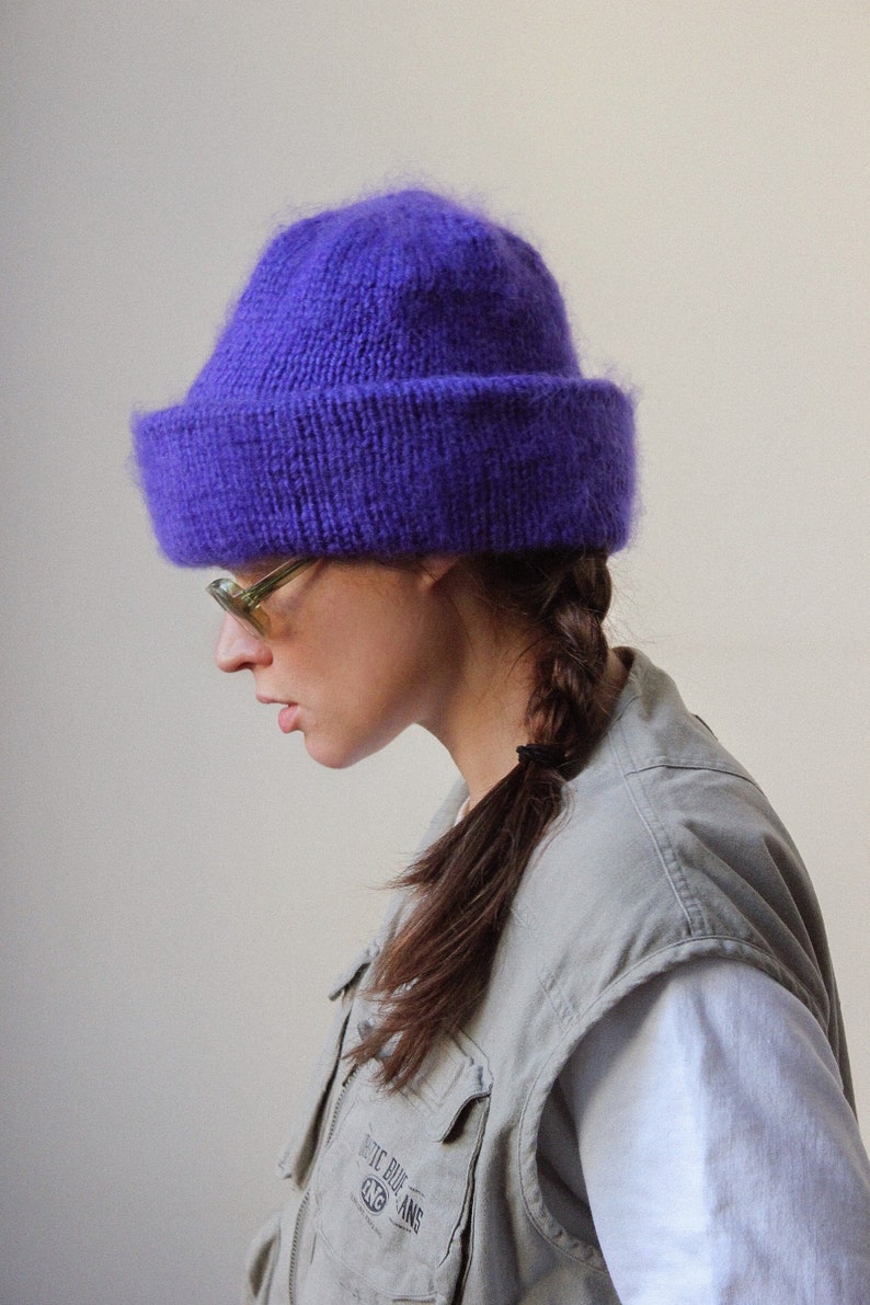 Hand - Knitted Mohair Beanie Hat in Rich Purple