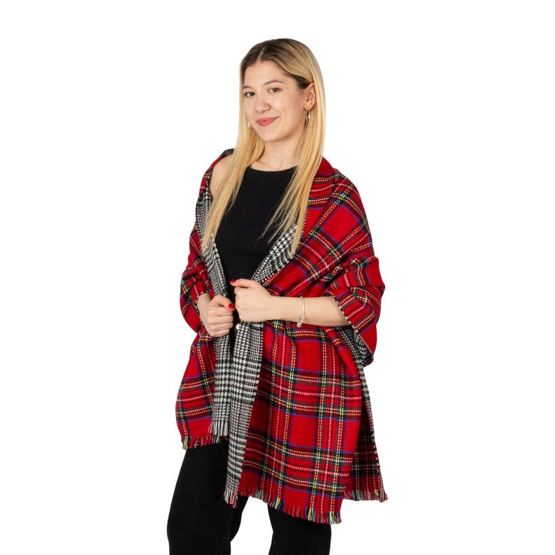 Red Plaid Winter Oversize Women Scarf, Winter Shawl, Women Double Sided Blanket Scarf, Winter Warm Pashmina Shawl, Christmas Gift