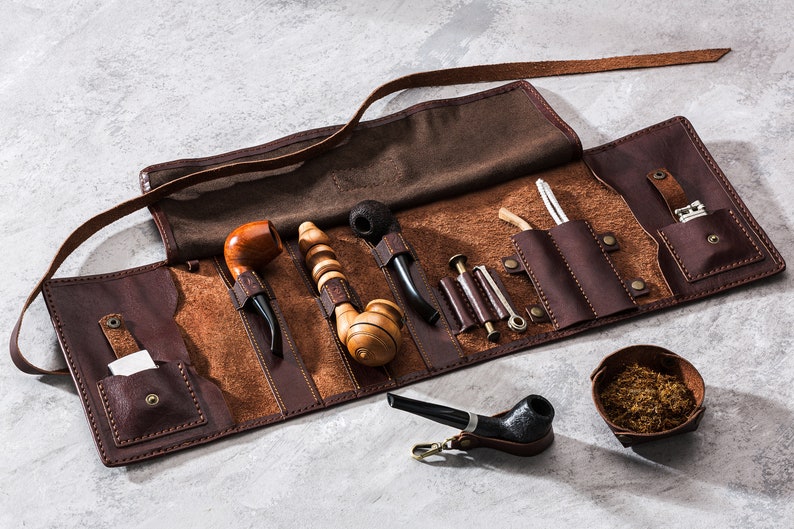 leather pipes for tobacco case, leather roll up for 3 pipes, tobacco and pipe holder, High Quality pipe pouch, anniversary gifts for husband