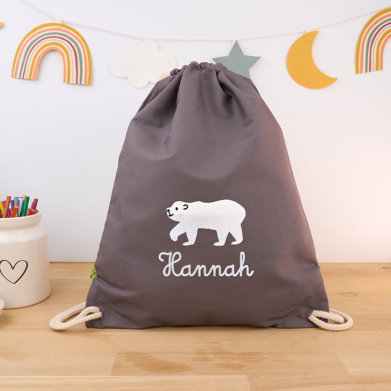 Dark grey organic children's gym bag personalized with name