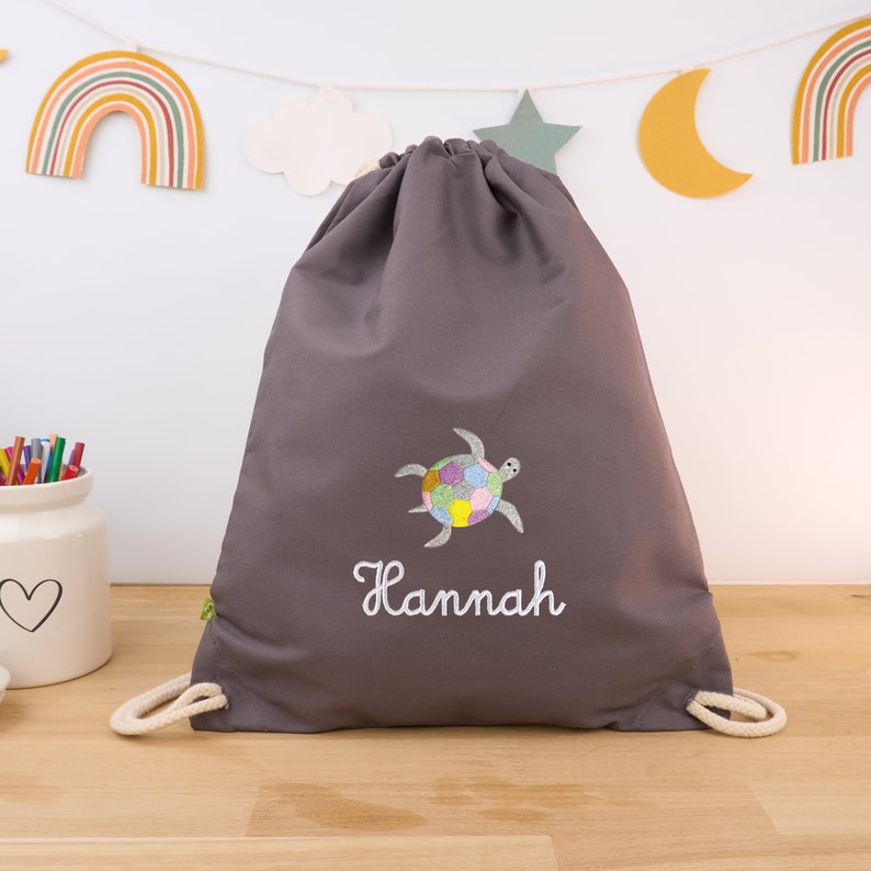 Dark grey organic children's gym bag personalized with name