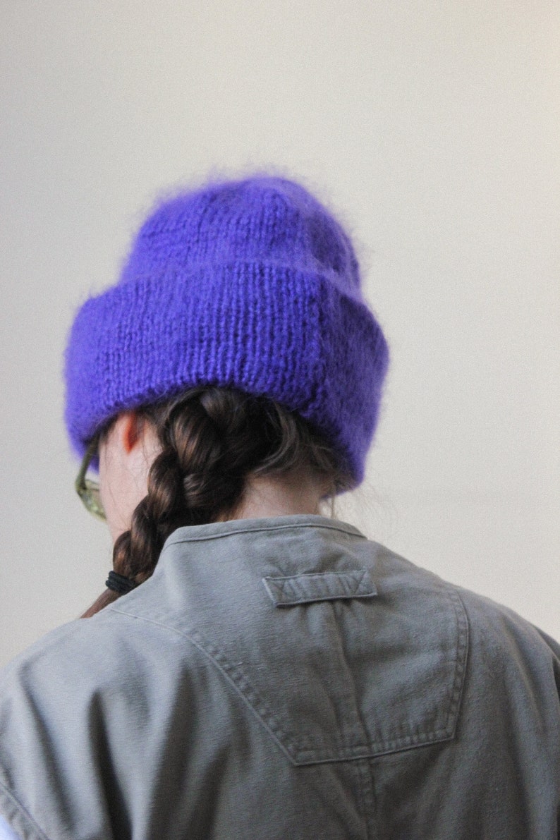 Hand - Knitted Mohair Beanie Hat in Rich Purple