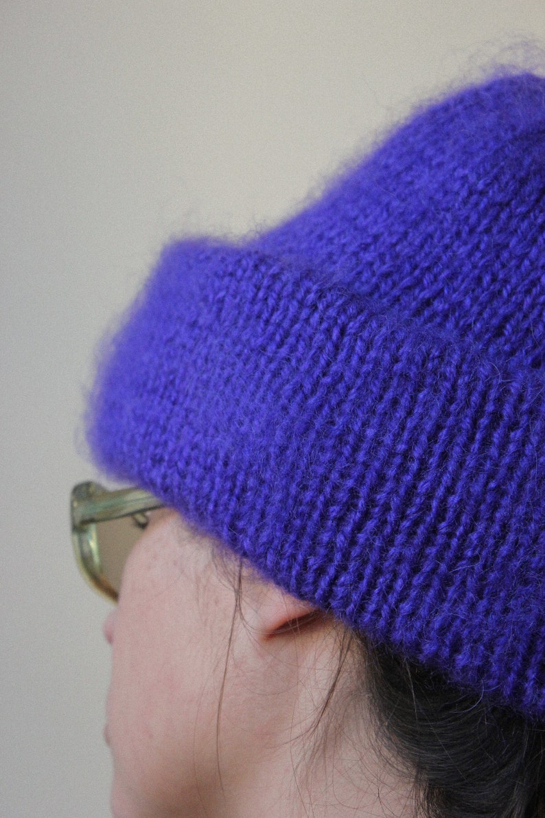 Hand - Knitted Mohair Beanie Hat in Rich Purple