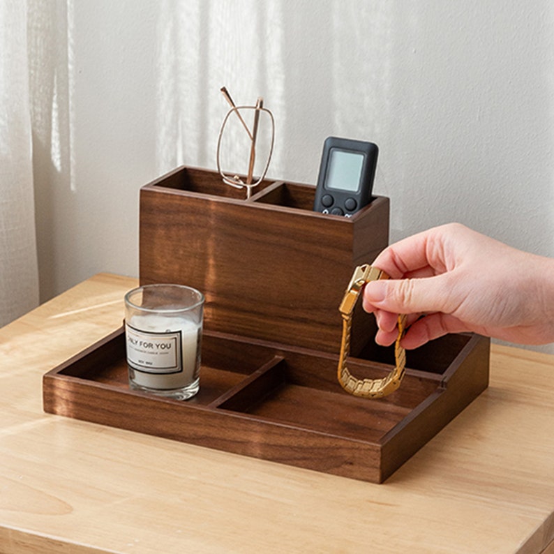 Personalized Premium Walnut Desk Organizer with Multi-Compartments Storage, Desktop Office Organizer for Stationery and Accessories