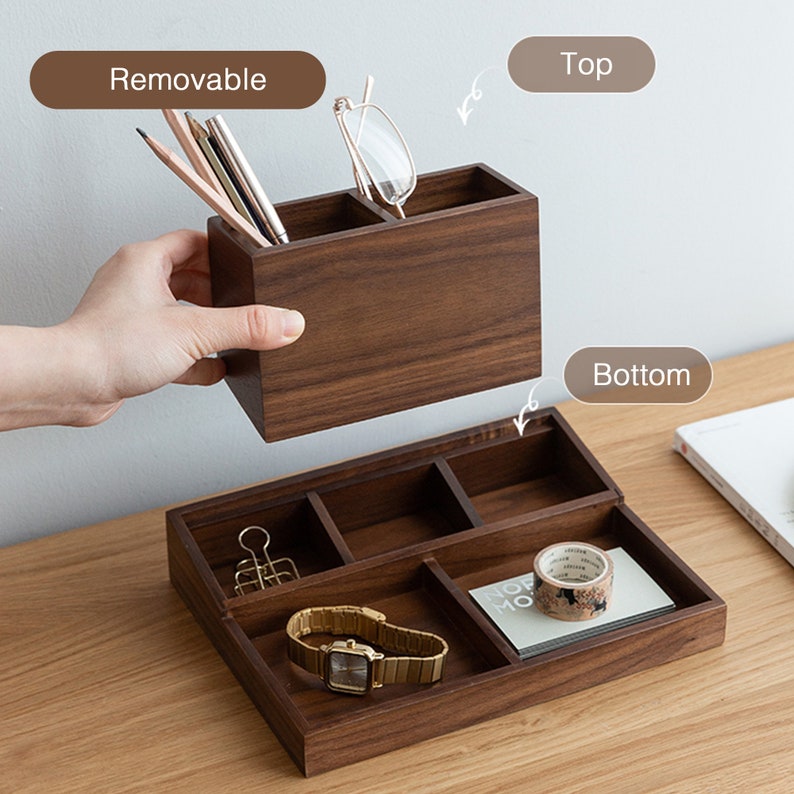 Personalized Premium Walnut Desk Organizer with Multi-Compartments Storage, Desktop Office Organizer for Stationery and Accessories