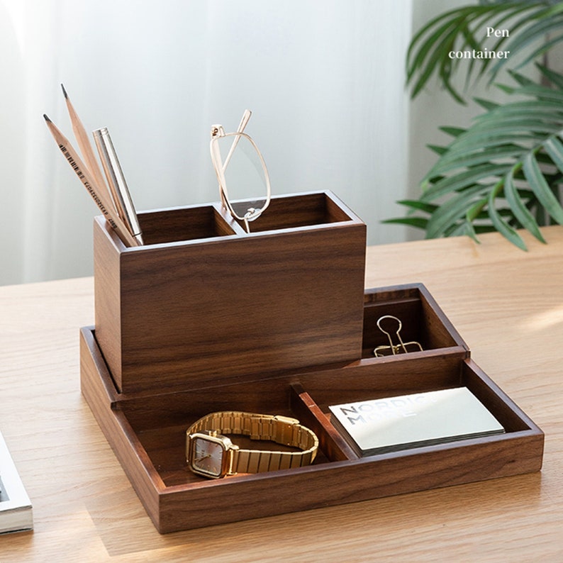 Personalized Premium Walnut Desk Organizer with Multi-Compartments Storage, Desktop Office Organizer for Stationery and Accessories