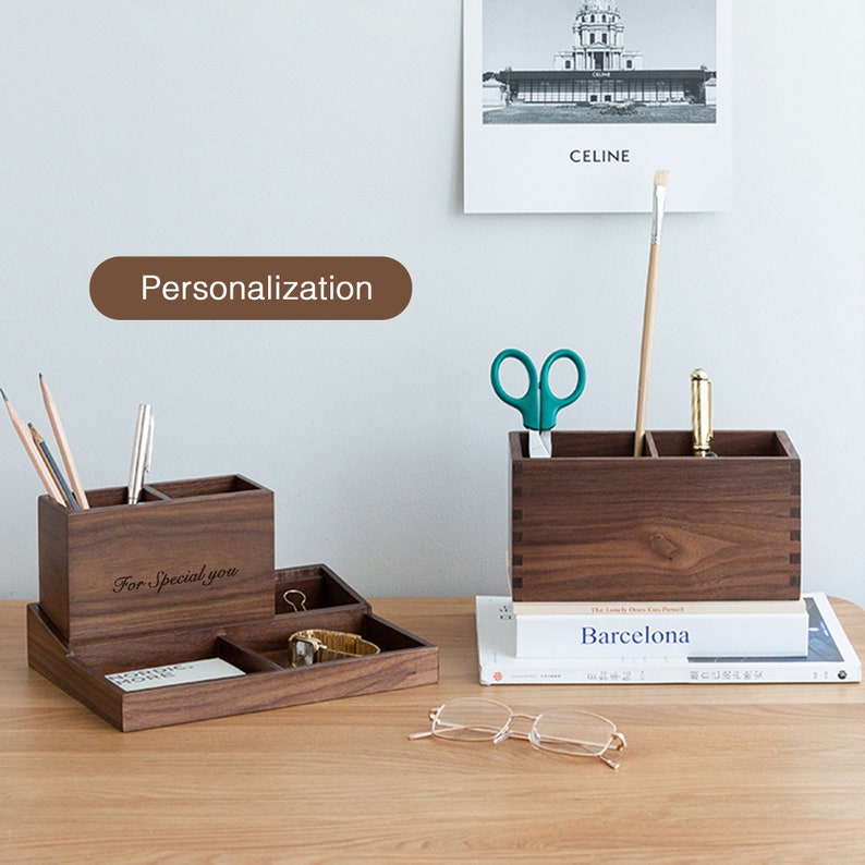 Personalized Premium Walnut Desk Organizer with Multi-Compartments Storage, Desktop Office Organizer for Stationery and Accessories