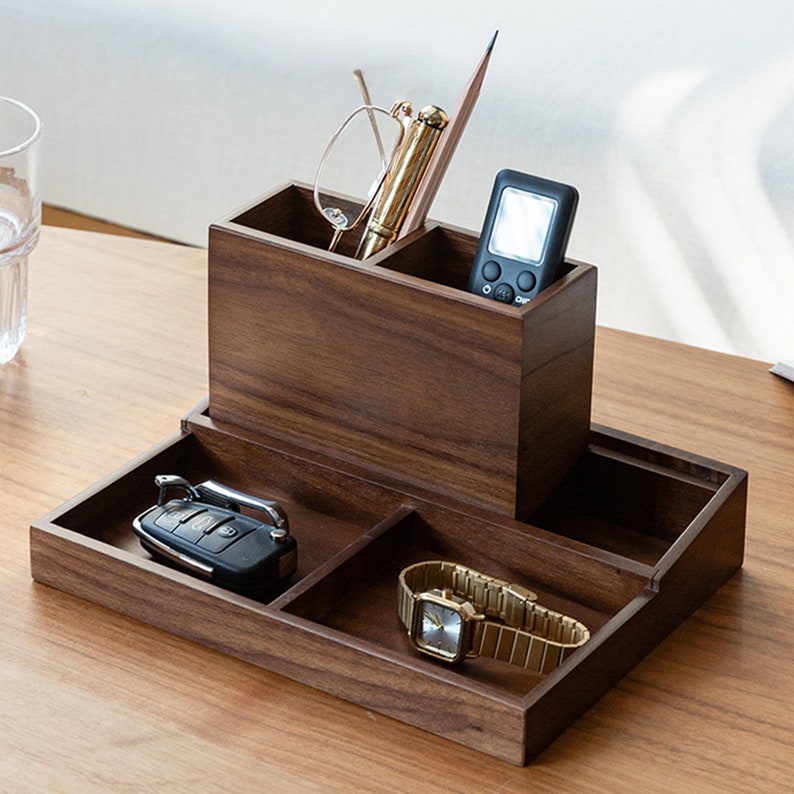 Personalized Premium Walnut Desk Organizer with Multi-Compartments Storage, Desktop Office Organizer for Stationery and Accessories