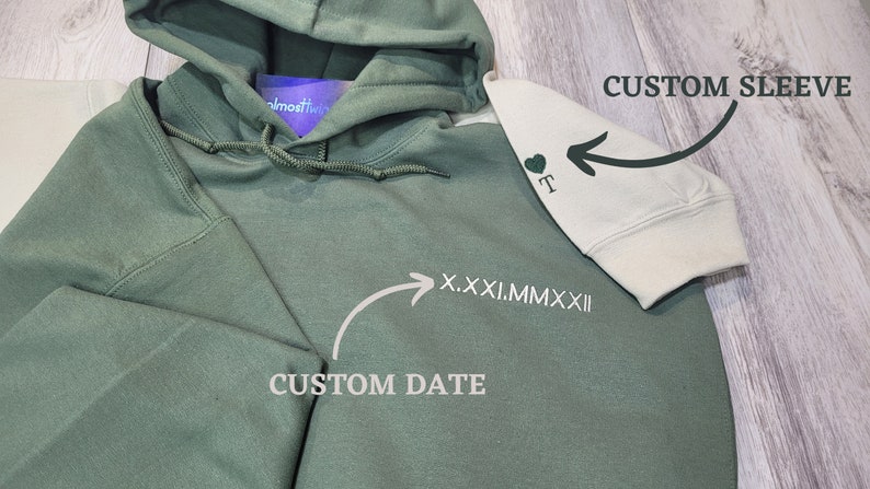 Custom Embroidered Roman Numerals Hoodie, Personalize with your Date and add your Initials on the sleeve Hoodie, Engagements, Anniversaries