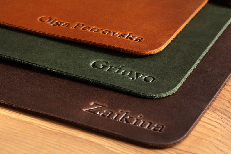 custom leather desk mat with personalized name emboss by hot stamp