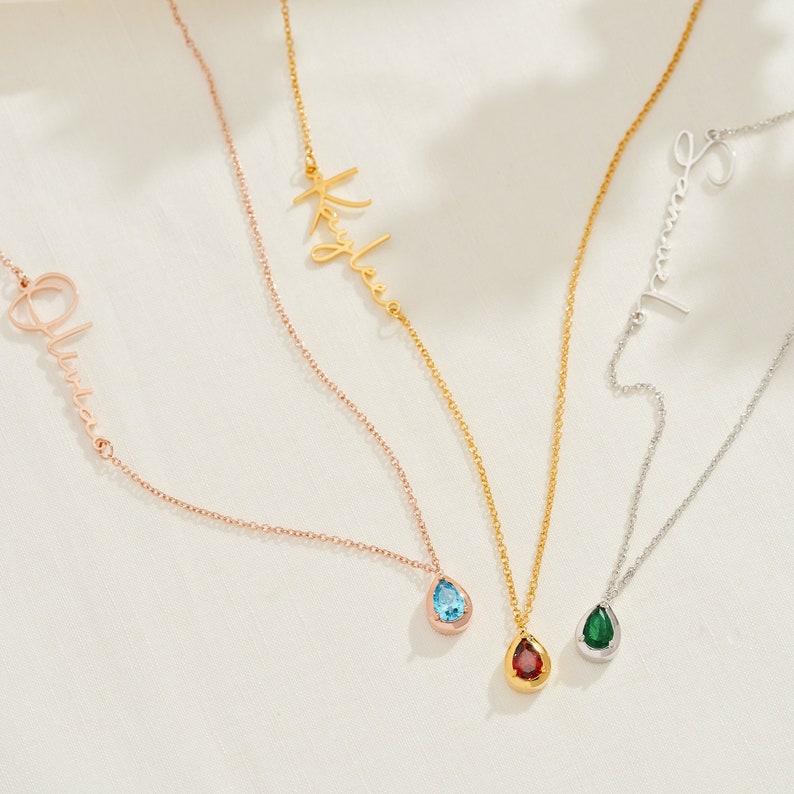 Custom Name Necklace with Birthstone, Birthstone Necklace, Sideways Name Necklace, Birthday Gift for Her, Mothers Necklace, Christmas Gift