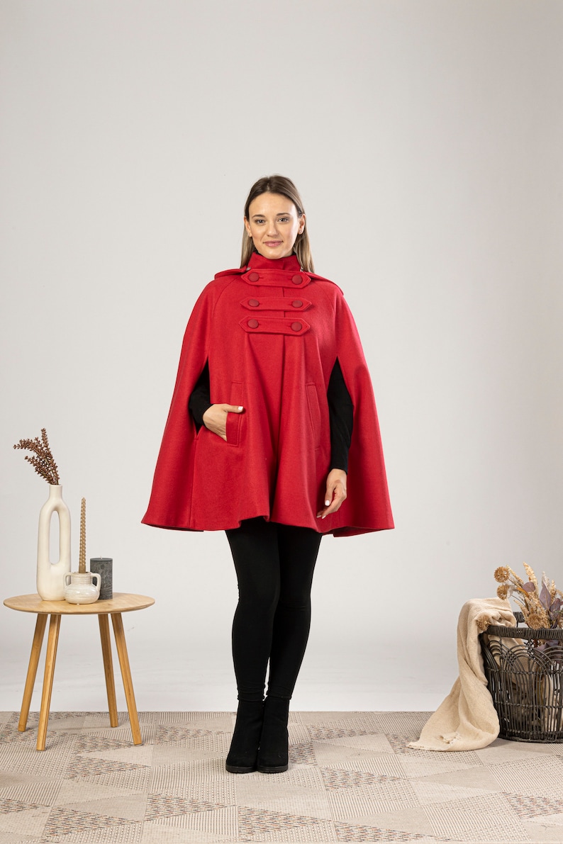 Wool Cape Coat with Hood, Hooded Winter Cloak, Plus Size Clothing, Short Cape Cloak, Poncho Jacket, Elegant Petite Cape, Buttons Swing Coat