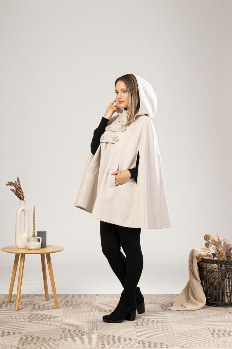 Wool Cape Coat with Hood, Hooded Winter Cloak, Plus Size Clothing, Short Cape Cloak, Poncho Jacket, Elegant Petite Cape, Buttons Swing Coat