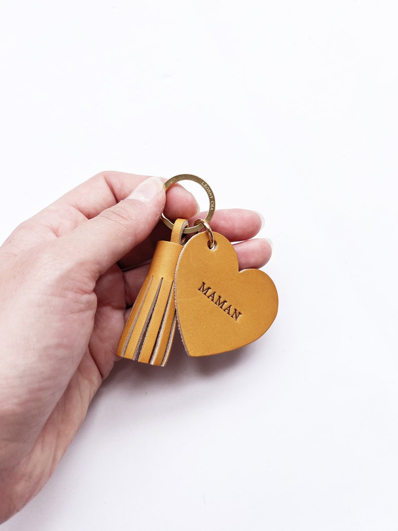 Customizable Leather Heart Keychain - Upcycled Leather, Hot Embossing