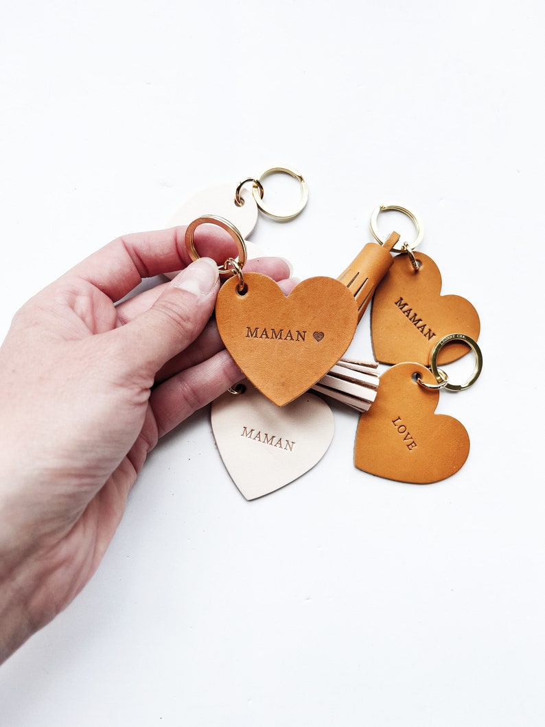 Customizable Leather Heart Keychain - Upcycled Leather, Hot Embossing