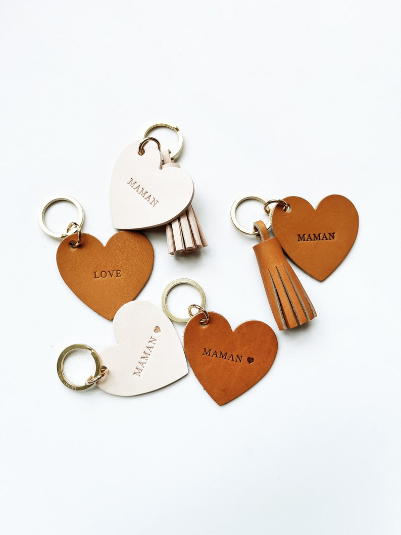 Customizable Leather Heart Keychain - Upcycled Leather, Hot Embossing