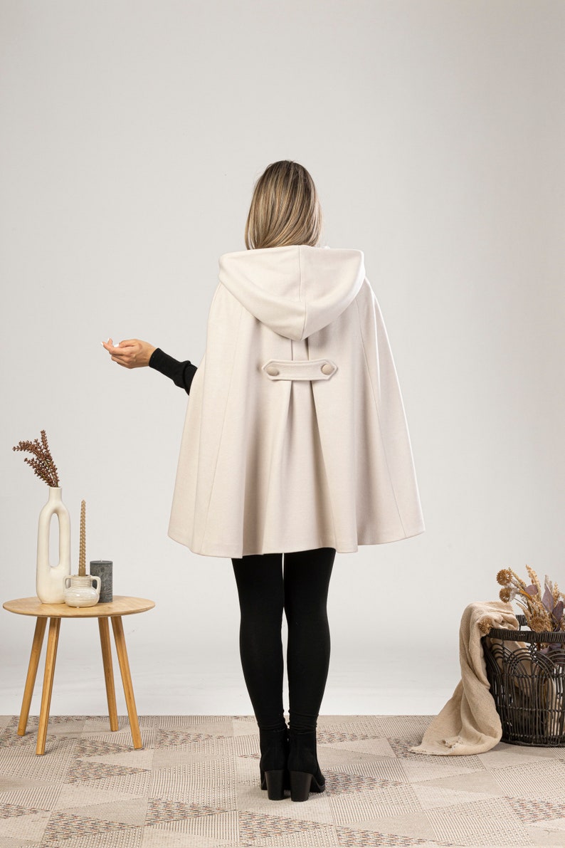 Wool Cape Coat with Hood, Hooded Winter Cloak, Plus Size Clothing, Short Cape Cloak, Poncho Jacket, Elegant Petite Cape, Buttons Swing Coat