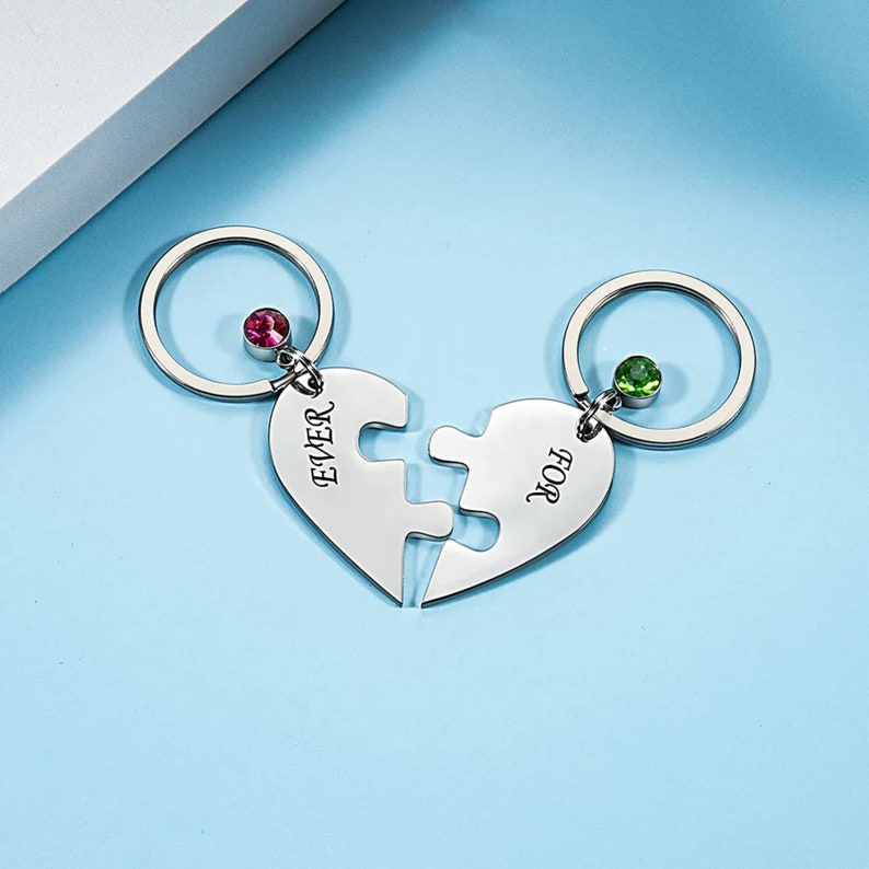 Matching keychains for couple best friends family, bff puzzle keychain, friendship gift, heart keychain with birthstones 2 to 4 pieces