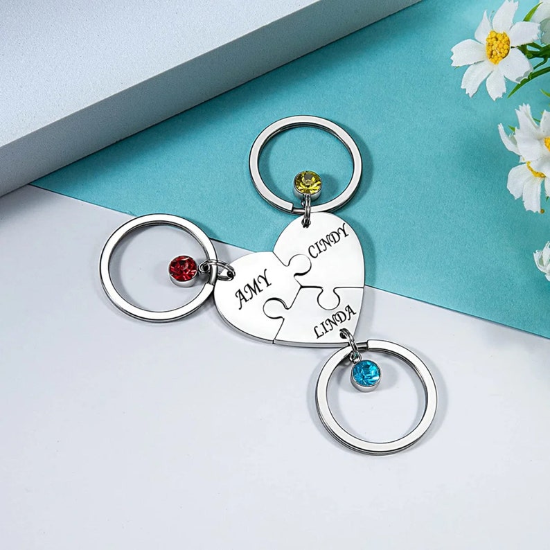 Matching keychains for couple best friends family, bff puzzle keychain, friendship gift, heart keychain with birthstones 2 to 4 pieces