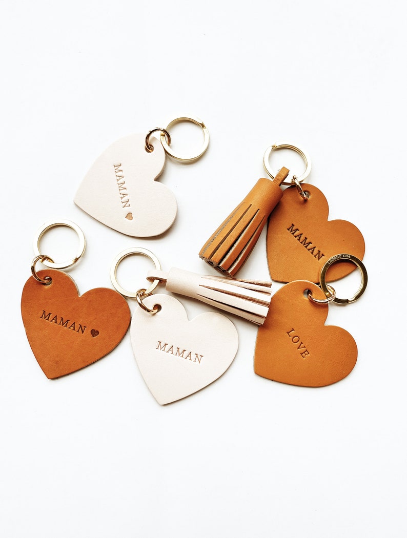 Customizable Leather Heart Keychain - Upcycled Leather, Hot Embossing