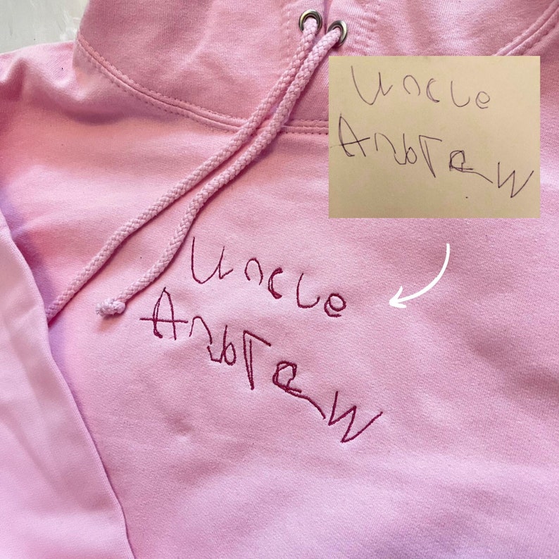 Custom embroidered your OWN HANDWRITING hoodie sweater tshirt, line art , children writing, handwriting gift , anniversary , sentimental