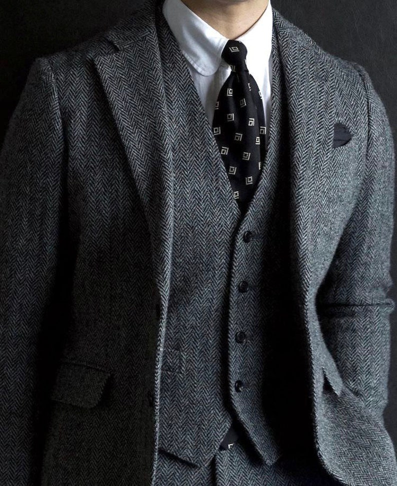 Menista Herringbone Tweed Wool Three Piece Vintage Style Grey Mens Suit for Wedding, Winter, Groom wear and Groomsmen Suits