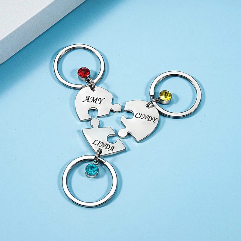 Matching keychains for couple best friends family, bff puzzle keychain, friendship gift, heart keychain with birthstones 2 to 4 pieces