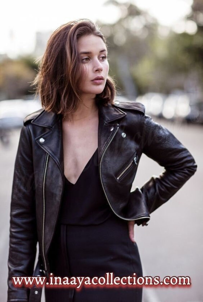 Woman black leather jacket made with 100% original lambskin leather