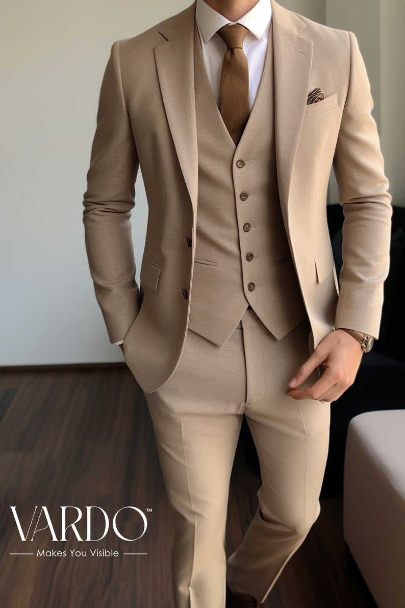 Light Brown 3-Piece Men's Suit - Tailored Modern Elegance for Business & Events, The Rising Sun Store, Vardo