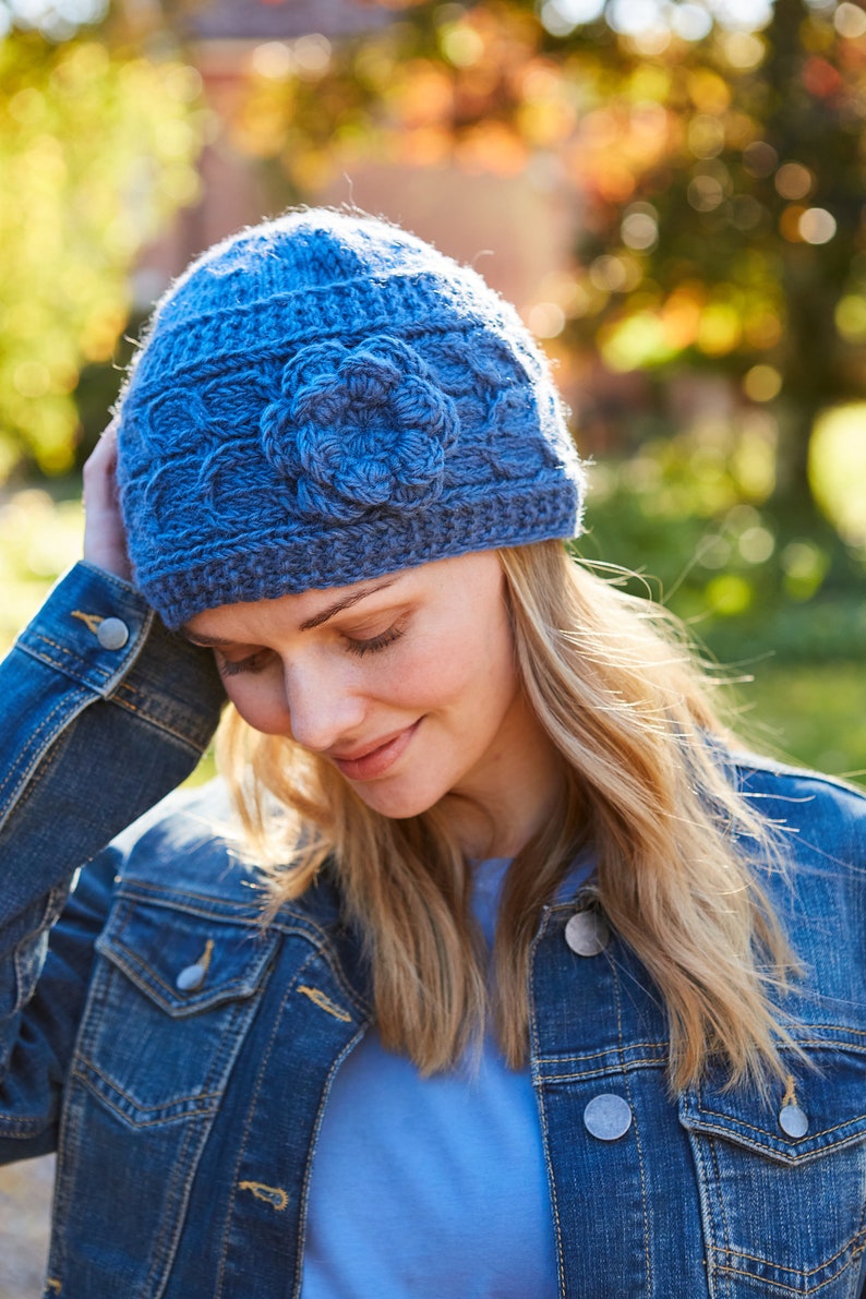 Women's Flower Beanie - Winter Hat - Hand Knitted - 100% Wool - Classic Cable Knit Hat - Ethical Clothing - Fleece Lined - Pachamama