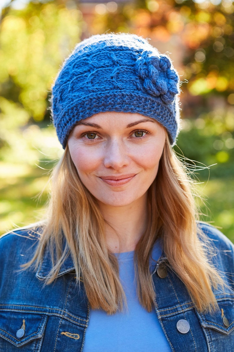 Women's Flower Beanie - Winter Hat - Hand Knitted - 100% Wool - Classic Cable Knit Hat - Ethical Clothing - Fleece Lined - Pachamama