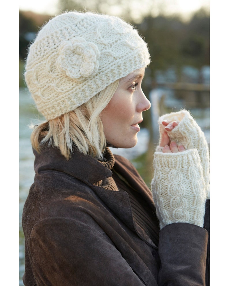 Women's Flower Beanie - Winter Hat - Hand Knitted - 100% Wool - Classic Cable Knit Hat - Ethical Clothing - Fleece Lined - Pachamama