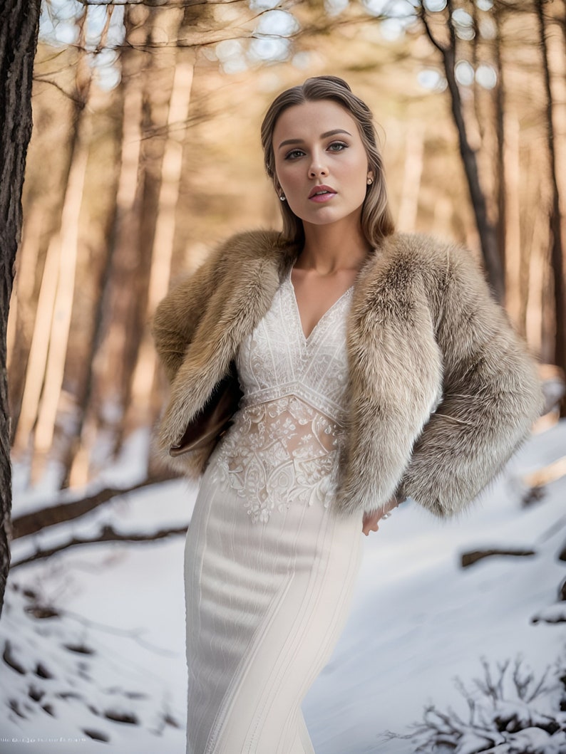 Beige Faux Fur Coat, Brown Fur Jacket, Bridal Fur Coat, Faux Fur Bolero, Winter Fur Coat, White Bridal Jacket, Wedding Jacket (Anna Brw07)